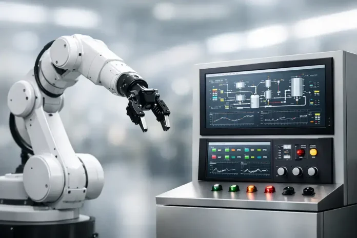 1771517372784_3228 Robotic arm beside industrial control panel