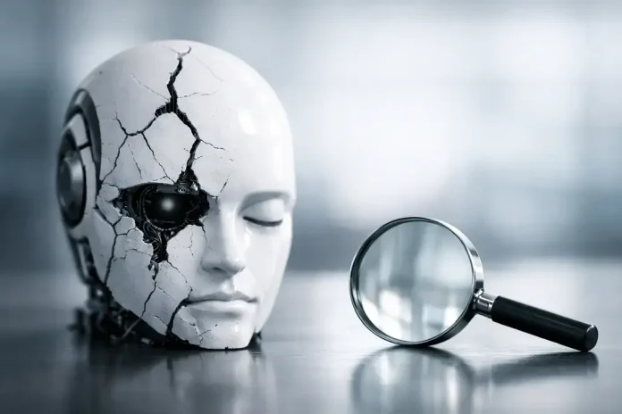 Cracked robot head beside magnifying glass
