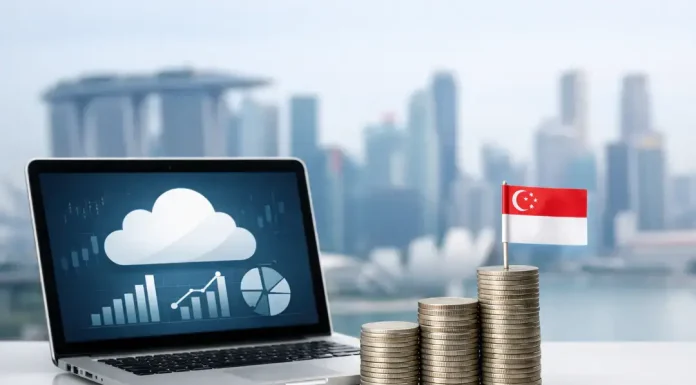 The Growing Importance of Cloud Financial Systems for Startups in Singapore Laptop with charts and Singapore flag coins