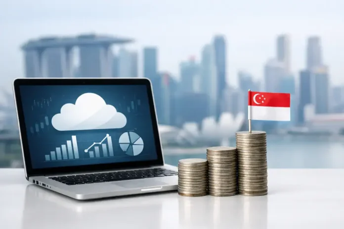 Laptop with charts and Singapore flag coins