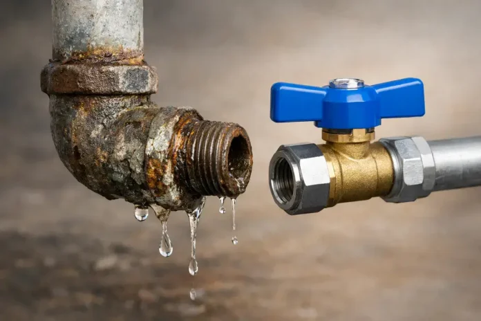 Leaking rusty pipe next to new shutoff valve
