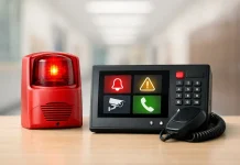 Strengthening School Safety Through Smarter, Faster Alert Systems Alarm siren and security keypad on desk