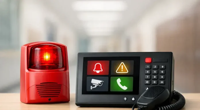 Strengthening School Safety Through Smarter, Faster Alert Systems Alarm siren and security keypad on desk