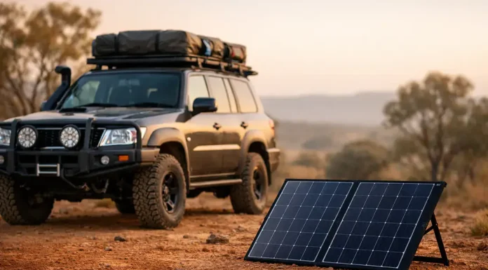 How to Prepare Your 4WD for the Ultimate Australian Off-Grid Camping Lifestyle Off-road SUV with portable solar panel