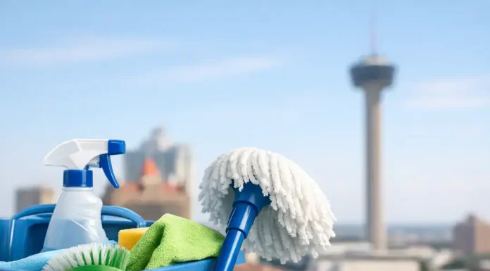 Tips to Choose the Best Cleaning Services in San Antonio Cleaning supplies with city skyline backdrop