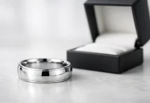 Selecting the Right 14K White Gold Wedding Band for Men Silver ring beside open jewelry box
