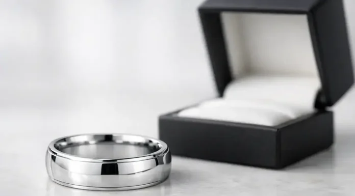 Selecting the Right 14K White Gold Wedding Band for Men Silver ring beside open jewelry box