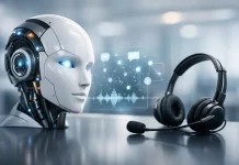 The Role of Generative AI in Modern Contact Centers AI robot with headset and voice interface