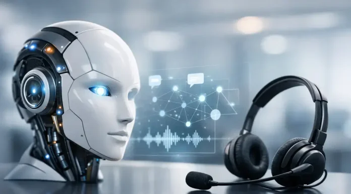 The Role of Generative AI in Modern Contact Centers AI robot with headset and voice interface
