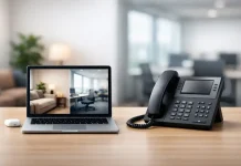 How Innovative Office Layouts Support Modern Hybrid Workforces Laptop and desk phone on office desk