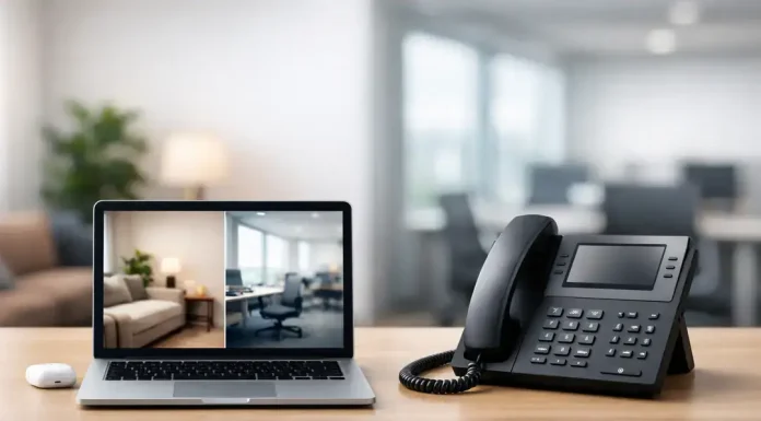 How Innovative Office Layouts Support Modern Hybrid Workforces Laptop and desk phone on office desk