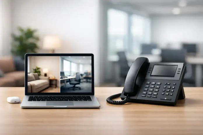 Laptop and desk phone on office desk