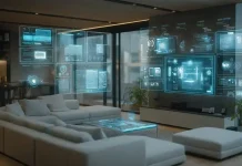 How AI Is Helping Electronic Home Security Prevent More Crimes Futuristic smart home with holographic UI