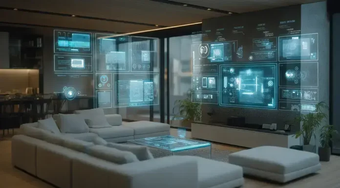 How AI Is Helping Electronic Home Security Prevent More Crimes Futuristic smart home with holographic UI