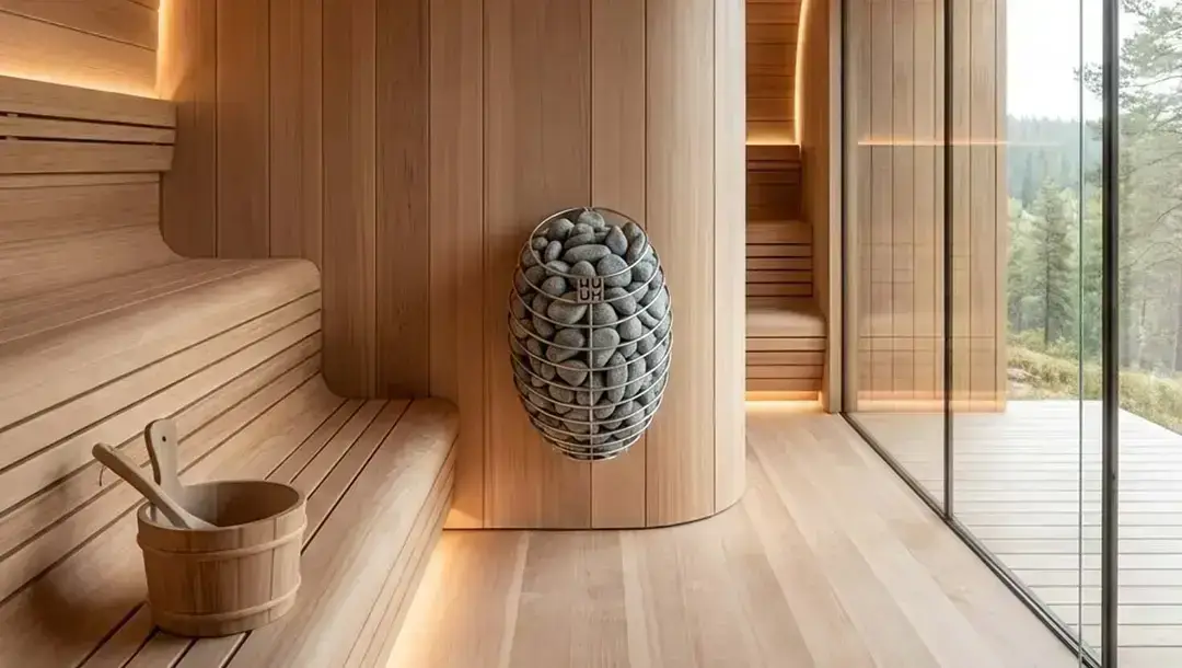 Modern wooden sauna with glass wall
