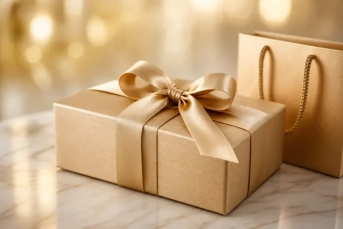 Gold gift box with ribbon bow